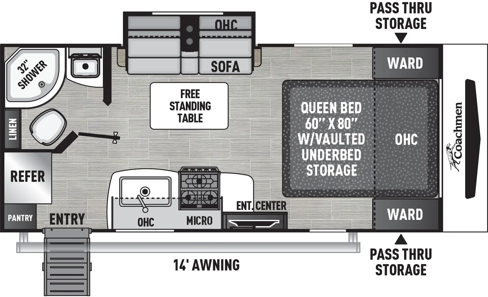 The 192RBS has one slideout and one entry. Exterior features front pass-thru storage, and 14 foot awning. Interior layout front to back: foot-facing queen bed with vaulted underbed storage, overhead cabinet, and wardrobes on each side; door side entertainment center, kitchen counter with cooktop and sink, overhead cabinet with microwave, and entry; off-door side sofa slideout overhead cabinet and free standing table; rear off-door side full bathroom with linen closet; rear door side refrigerator and pantry.